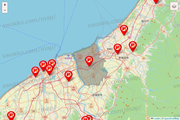 新潟県のツルハドラッグ系の店舗地図