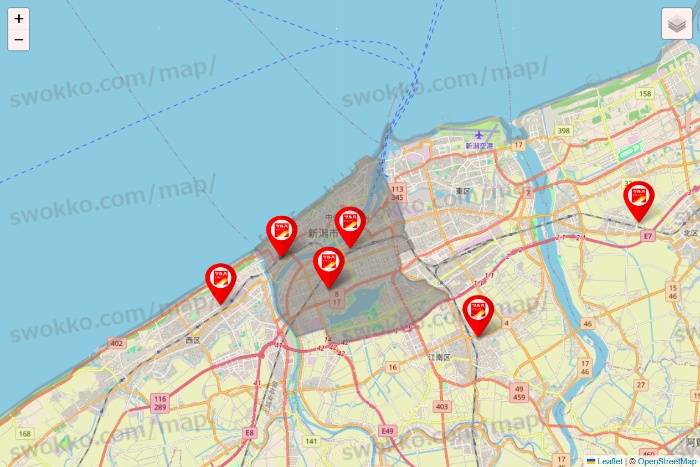 新潟県のツルハドラッグ系の店舗地図