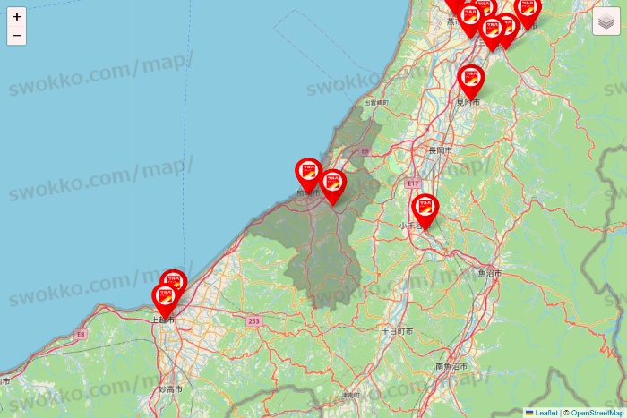 新潟県のツルハドラッグ系の店舗地図