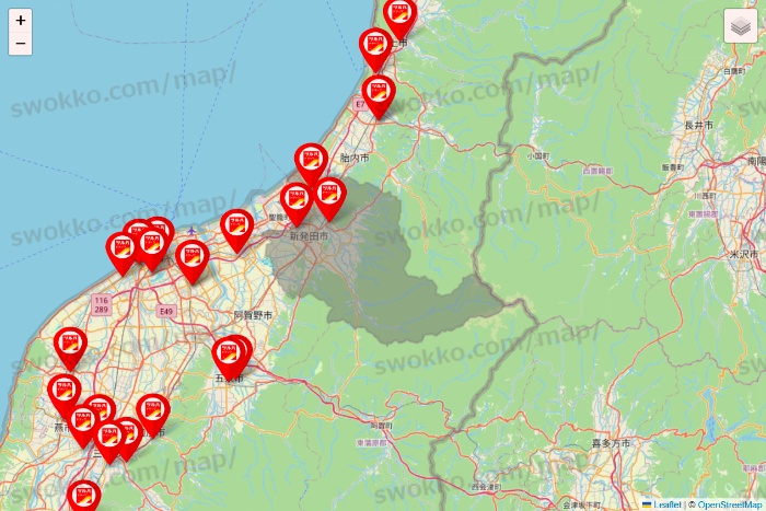 新潟県のツルハドラッグ系の店舗地図