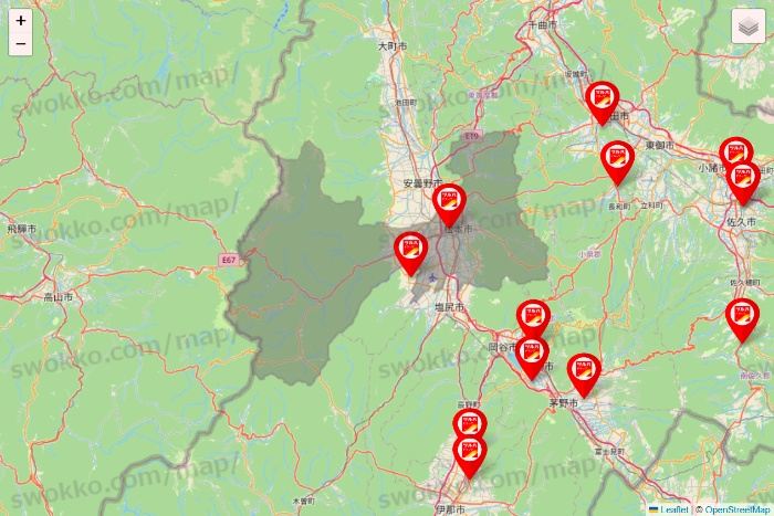 長野県のツルハドラッグ系の店舗地図