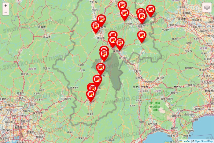 長野県のツルハドラッグ系の店舗地図