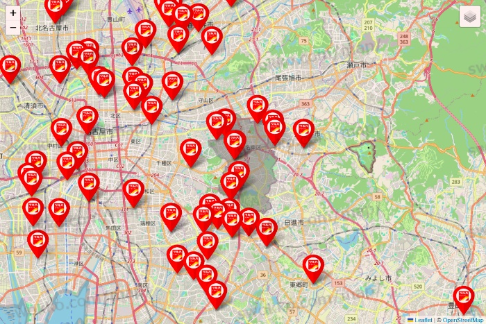 愛知県のツルハドラッグ系の店舗地図