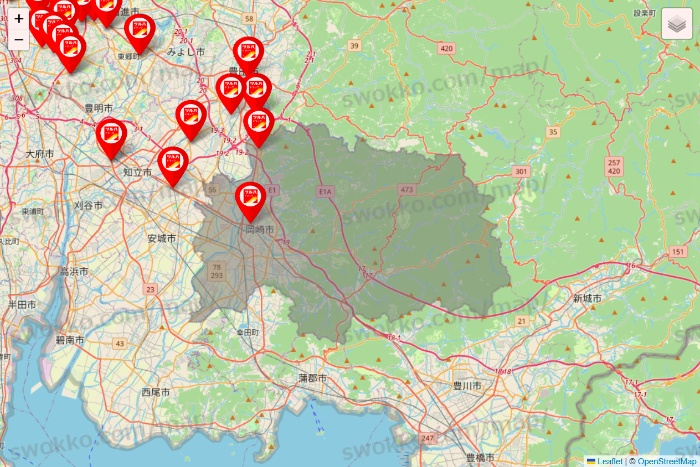 愛知県のツルハドラッグ系の店舗地図