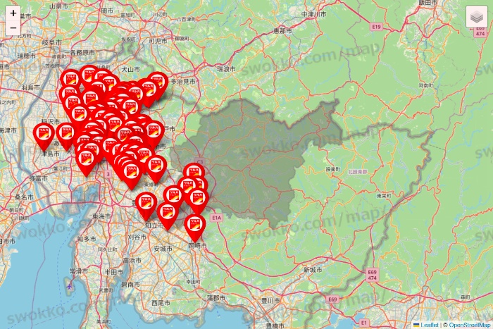 愛知県のツルハドラッグ系の店舗地図