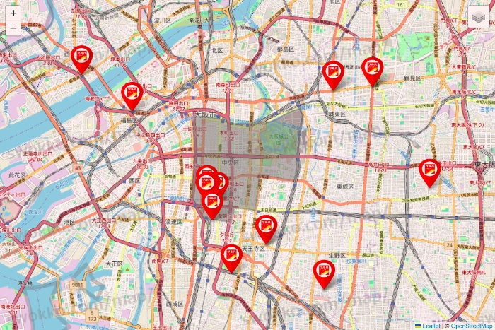 大阪府のツルハドラッグ系の店舗地図