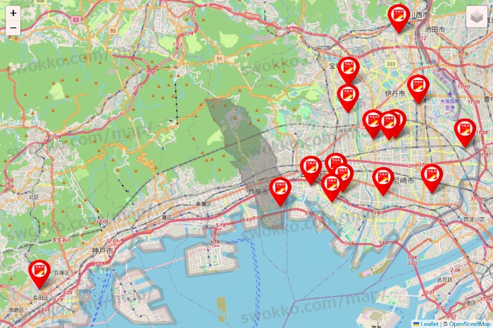 兵庫県のツルハドラッグ系の店舗地図