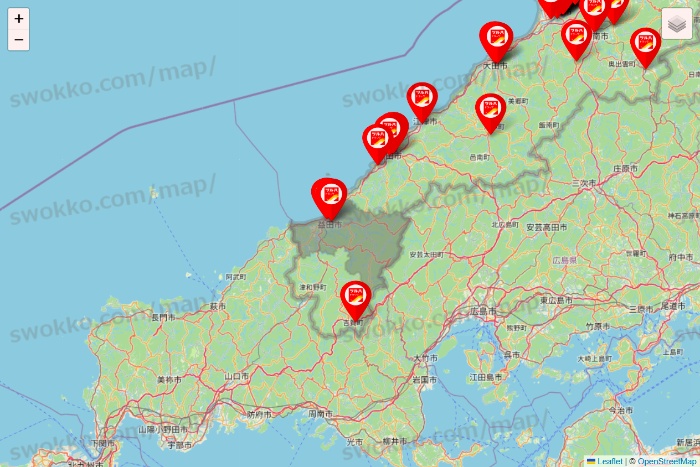 島根県のツルハドラッグ系の店舗地図