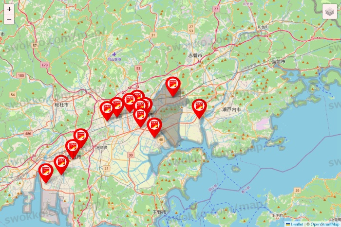 岡山県のツルハドラッグ系の店舗地図
