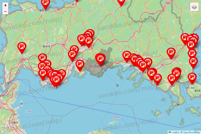 山口県のツルハドラッグ系の店舗地図
