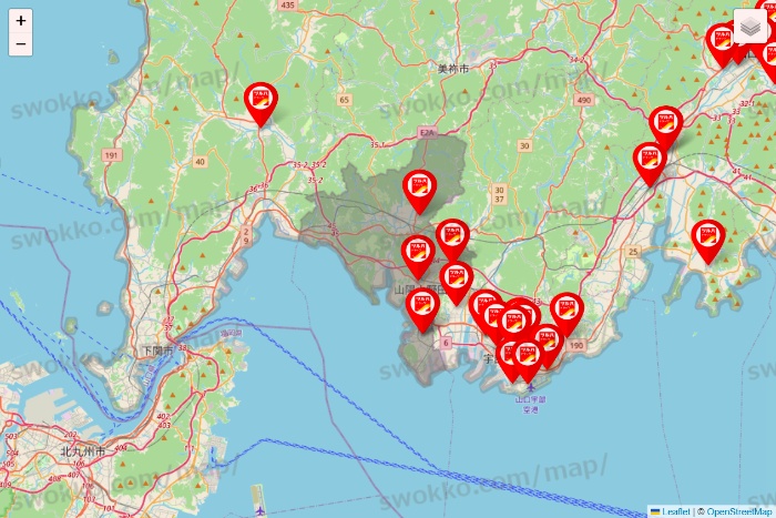 山口県のツルハドラッグ系の店舗地図
