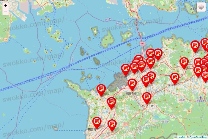 香川県のツルハドラッグ系の店舗地図