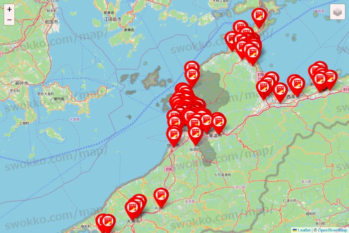 愛媛県のツルハドラッグ系の店舗地図