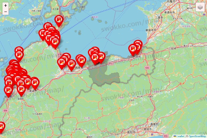 愛媛県のツルハドラッグ系の店舗地図