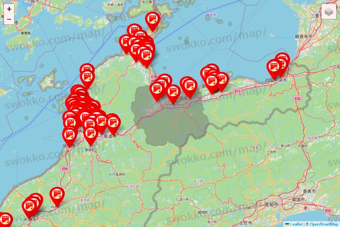 愛媛県のツルハドラッグ系の店舗地図