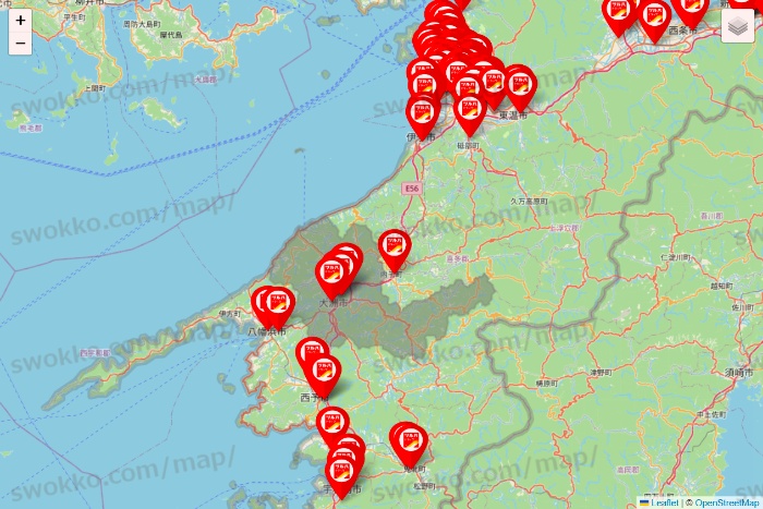 愛媛県のツルハドラッグ系の店舗地図