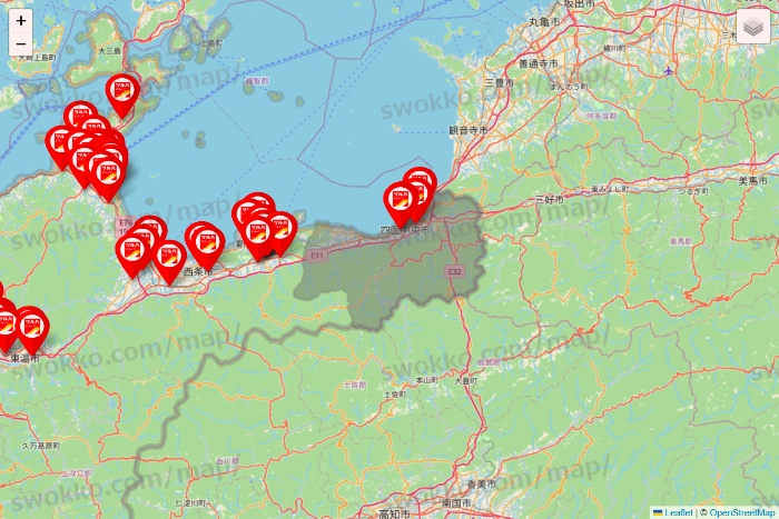 愛媛県のツルハドラッグ系の店舗地図