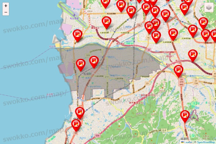 愛媛県のツルハドラッグ系の店舗地図