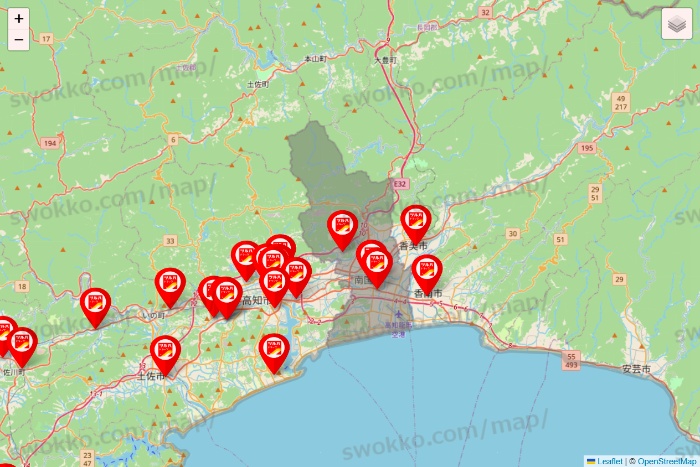 高知県のツルハドラッグ系の店舗地図