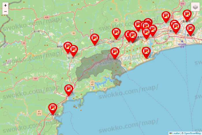 高知県のツルハドラッグ系の店舗地図