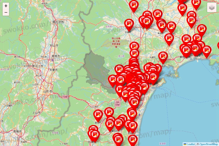 宮城県のツルハドラッグ系の店舗地図