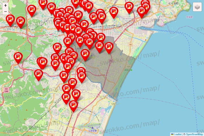 宮城県のツルハドラッグ系の店舗地図