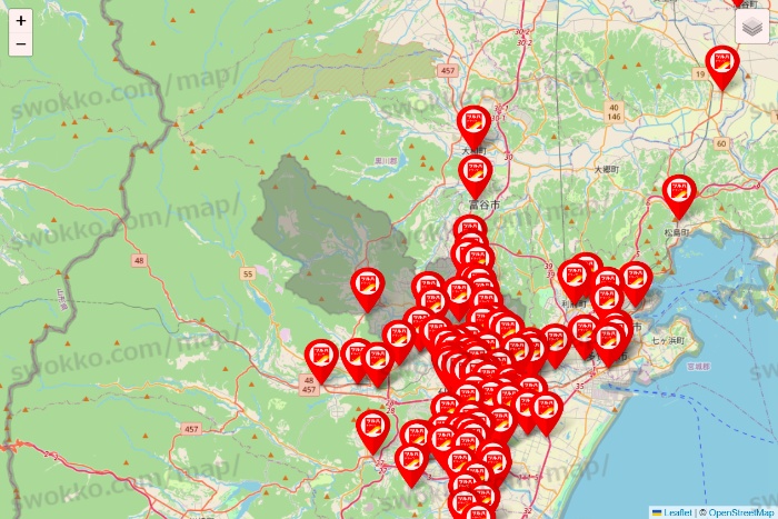 宮城県のツルハドラッグ系の店舗地図