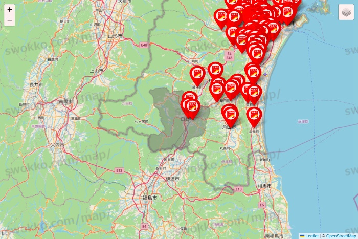 宮城県のツルハドラッグ系の店舗地図