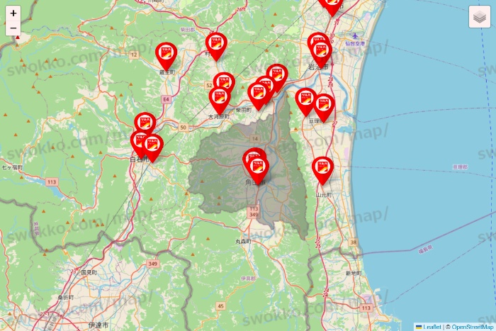 宮城県のツルハドラッグ系の店舗地図
