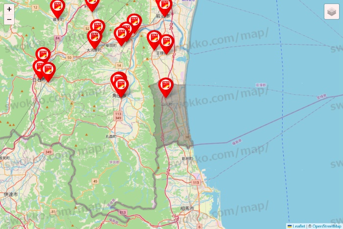 宮城県のツルハドラッグ系の店舗地図