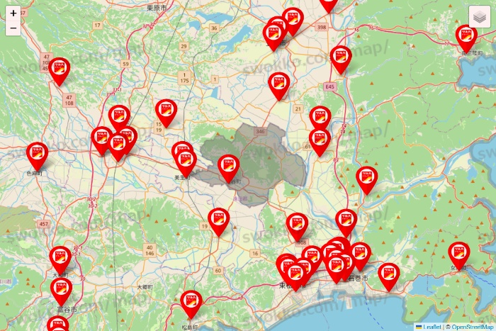 宮城県のツルハドラッグ系の店舗地図