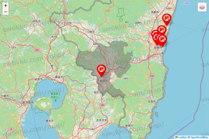 宮崎県のツルハドラッグ系の店舗地図