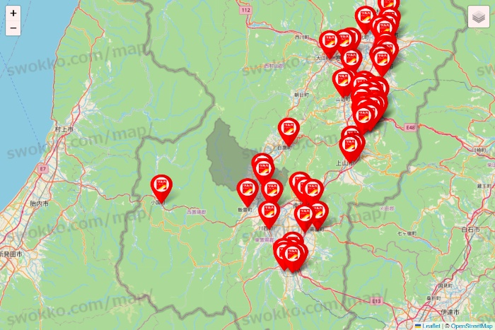 山形県のツルハドラッグ系の店舗地図