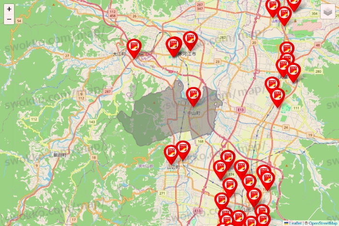 山形県のツルハドラッグ系の店舗地図