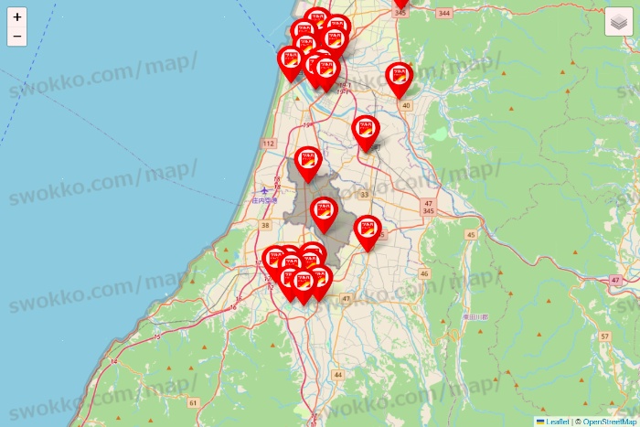 山形県のツルハドラッグ系の店舗地図