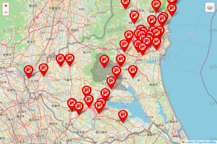 茨城県のツルハドラッグ系の店舗地図