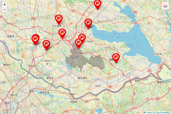 茨城県のツルハドラッグ系の店舗地図