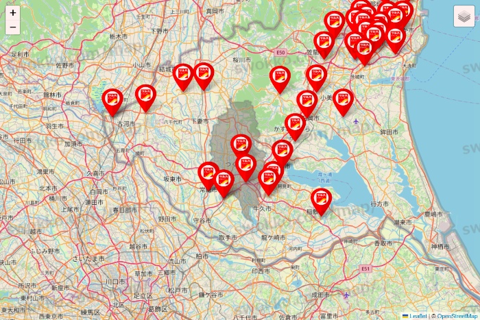 茨城県のツルハドラッグ系の店舗地図
