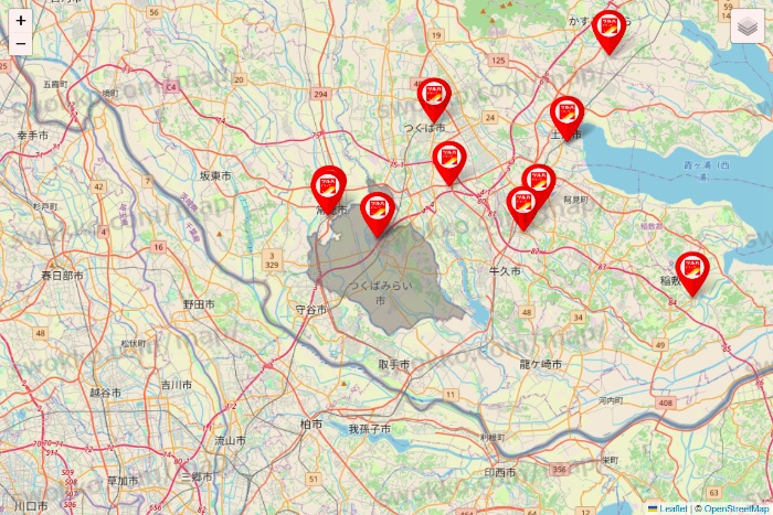 茨城県のツルハドラッグ系の店舗地図