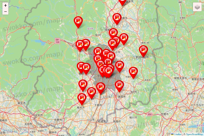 栃木県のツルハドラッグ系の店舗地図