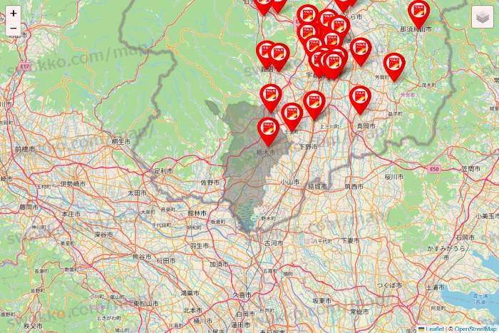 栃木県のツルハドラッグ系の店舗地図
