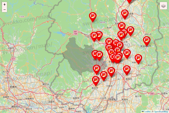 栃木県のツルハドラッグ系の店舗地図