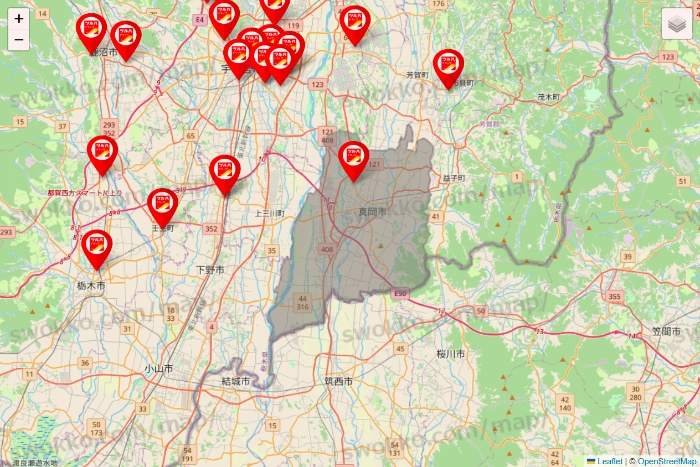 栃木県のツルハドラッグ系の店舗地図