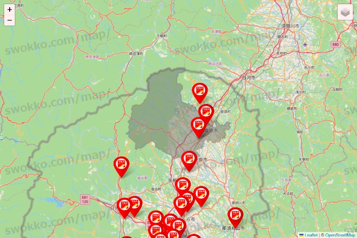 栃木県のツルハドラッグ系の店舗地図