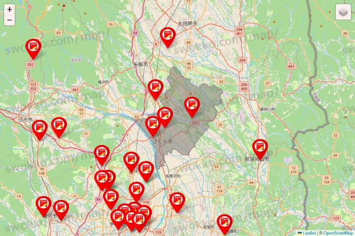 栃木県のツルハドラッグ系の店舗地図