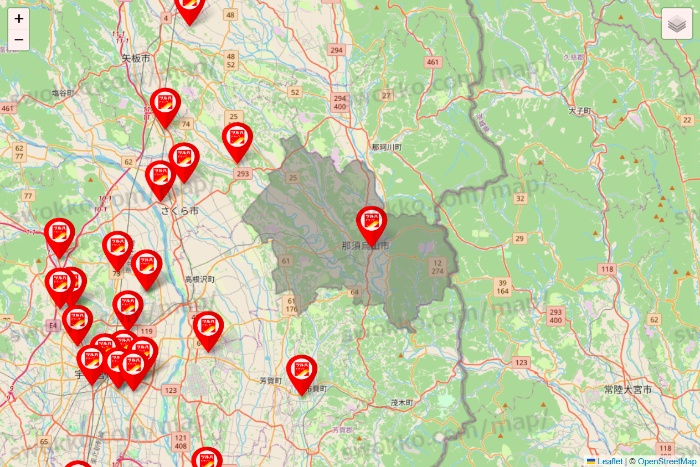 栃木県のツルハドラッグ系の店舗地図