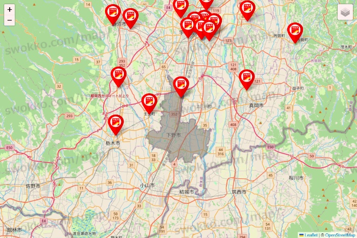 栃木県のツルハドラッグ系の店舗地図