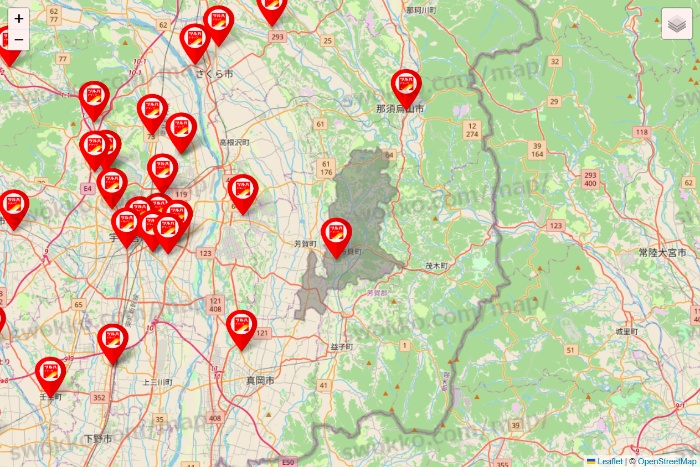 栃木県のツルハドラッグ系の店舗地図