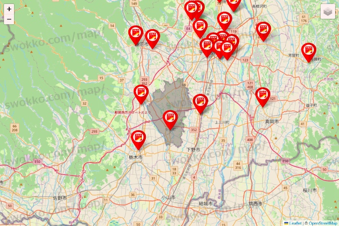 栃木県のツルハドラッグ系の店舗地図