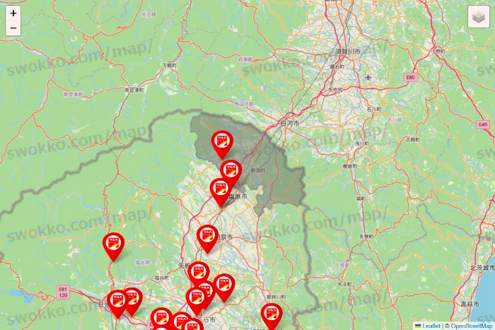 栃木県のツルハドラッグ系の店舗地図